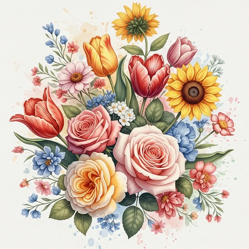 Beautiful Watercolor Flowers: Roses, Tulips, Sunflowers