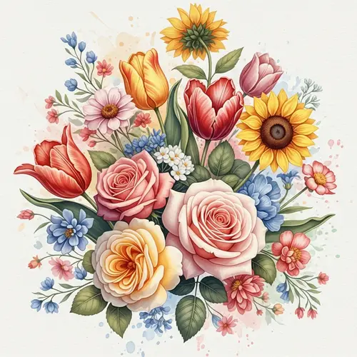 Exquisite Watercolor Flowers: Roses, Tulips, Sunflowers