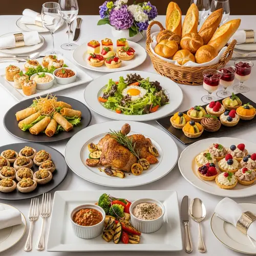 Exquisite Feast: Roasted Chicken, Appetizers, Desserts & More