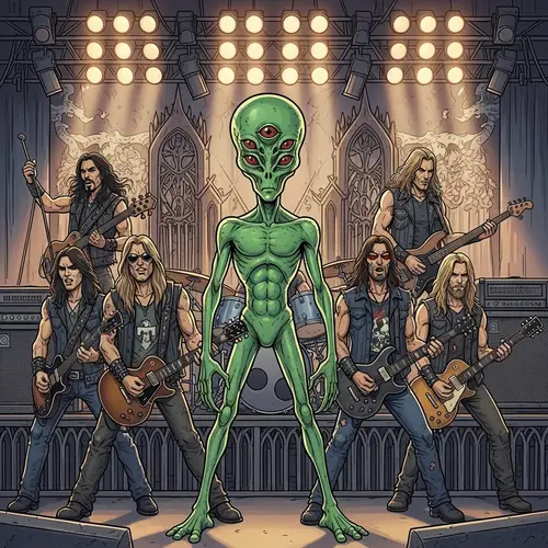 Diverse Rock Musicians Perform Onstage with Extraterrestrial Entity