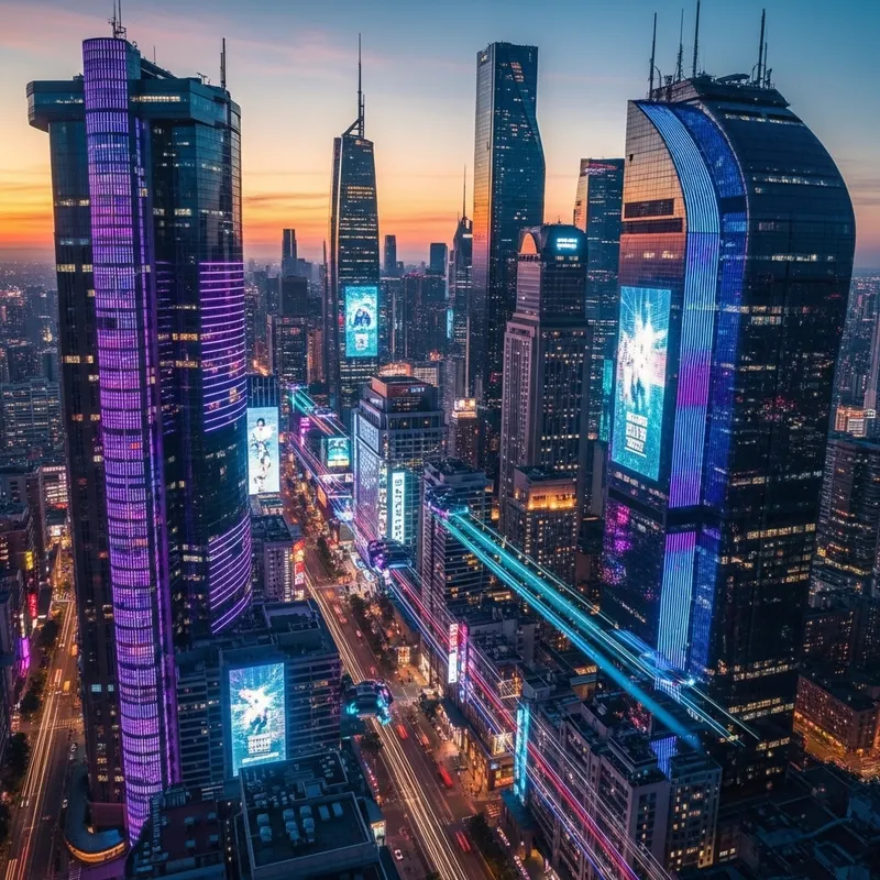 Neon Cyberpunk Cityscape at Sunset - A Futuristic Aerial View