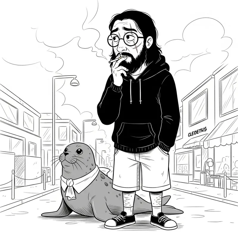 Thoughtful Hispanic Male with Long Black Hair and Beard, Wearing Glasses and Casual Attire Holding a Cigarette, Black and White Comic Style Portrait with Scar, Close-Up Scene with Seal Companion