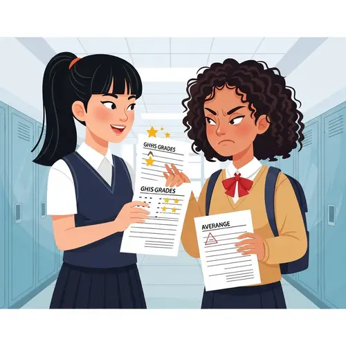 Schoolgirls Illustration: Joy vs Jealousy in Grades Comparison