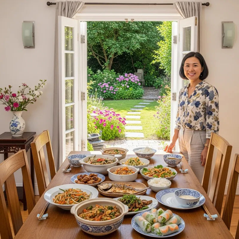 Asian Lady Enjoying Meal by Window with Garden View