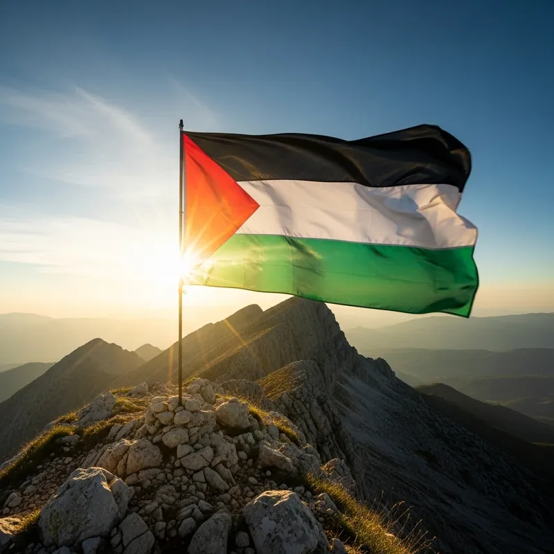 Shining Flag of Palestine on Mountain Top