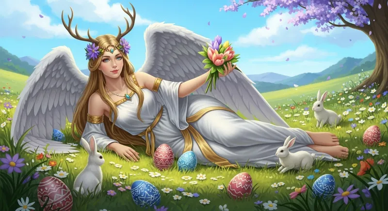 Beautiful Goddess with Golden Hair, Antlers, and Adorable Bunnies