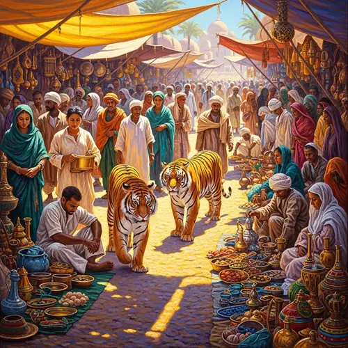 Lively Desert Market Scene with Tigers: Vibrant Oil Painting