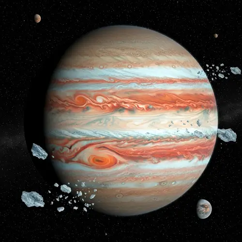 Detailed Illustration of Jupiter - Swirling Cloud Patterns in Beige, Red, and Brown