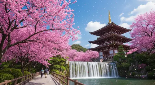 Beautiful Japanese Temple & Cherry Blossoms - HD Wallpaper