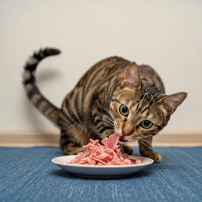 Adorable Cat Eating Ham - Cute Feline Dining on Delicious Food