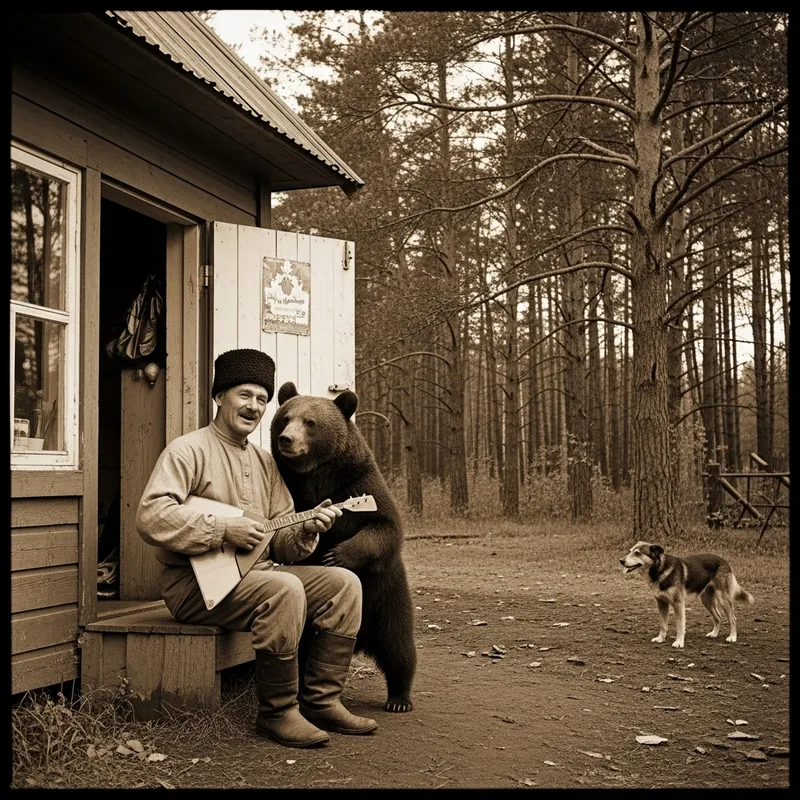 Russian Man Embracing Bear with Balalaika in Vintage Forest Scene