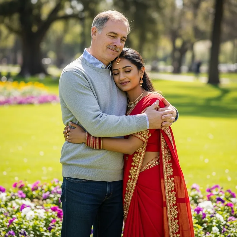 Heartwarming Scene: Caucasian Man Embraces South Asian Woman Outdoors