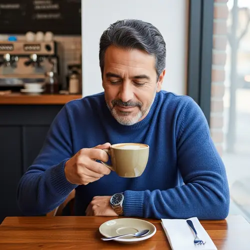 Tranquil Cafe Scene: Middle-Aged Hispanic Man with Coffee