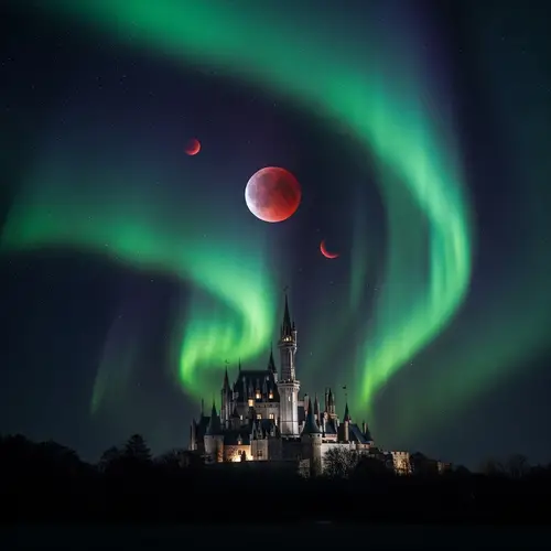 Red Moon Eclipse & Aurora Borealis Over Castle