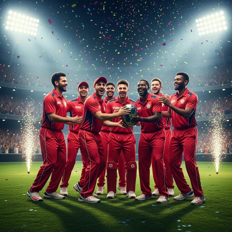 Diverse Cricketers Rejoice in Victory on Vibrant Cricket Field Diverse Cricketers Rejoice in Victory on Vibrant Cricket Field