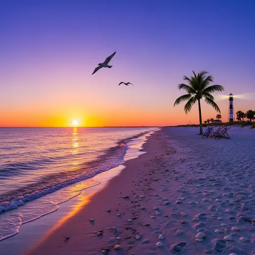 Serene Beach Sunset: Pristine Sands, Seagulls, and Lighthouse View