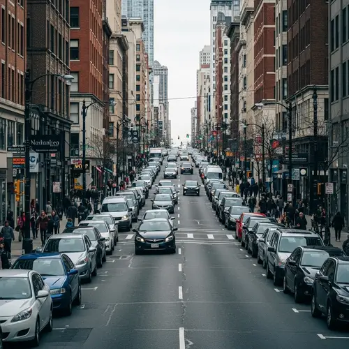 Urban Street Scene with Varied Cars and Multicultural Pedestrians