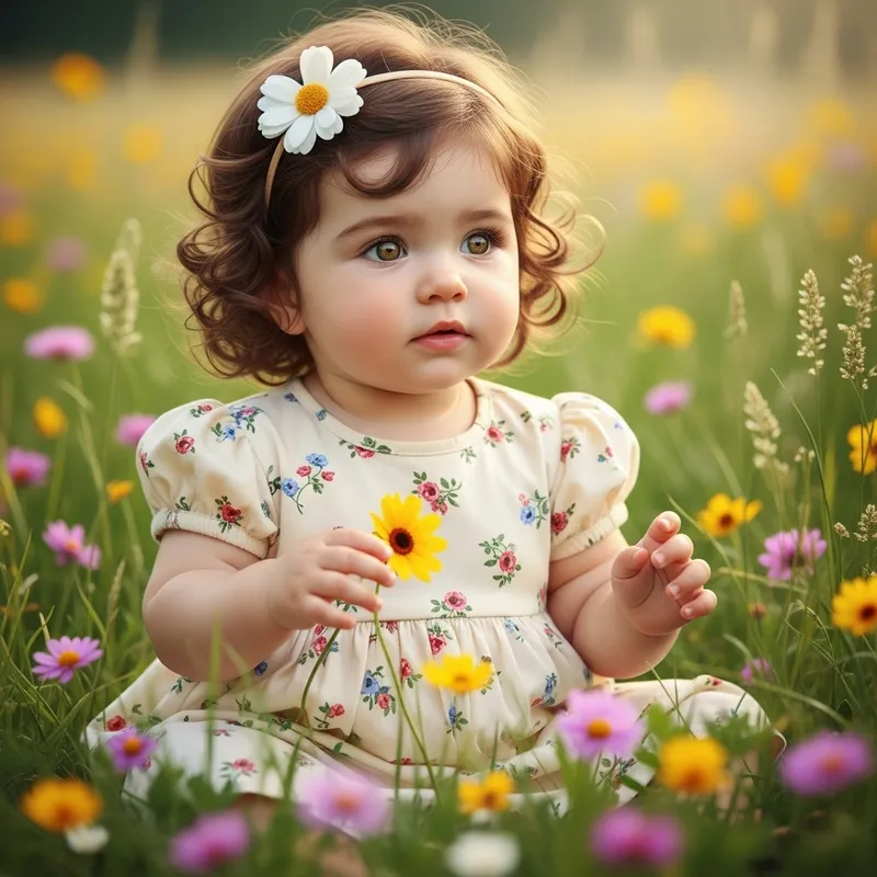 Golden-Eyed Baby Girl Enjoying Meadow with Flowers Golden-Eyed Baby Girl Enjoying Meadow with Flowers