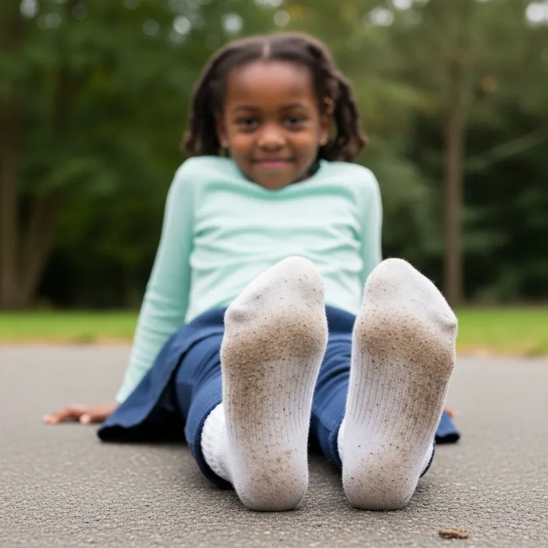 Girl Showing Soles of Feet with Dirty White Socks
