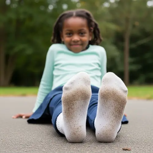 Girl Showing Soles of Feet with Dirty White Socks