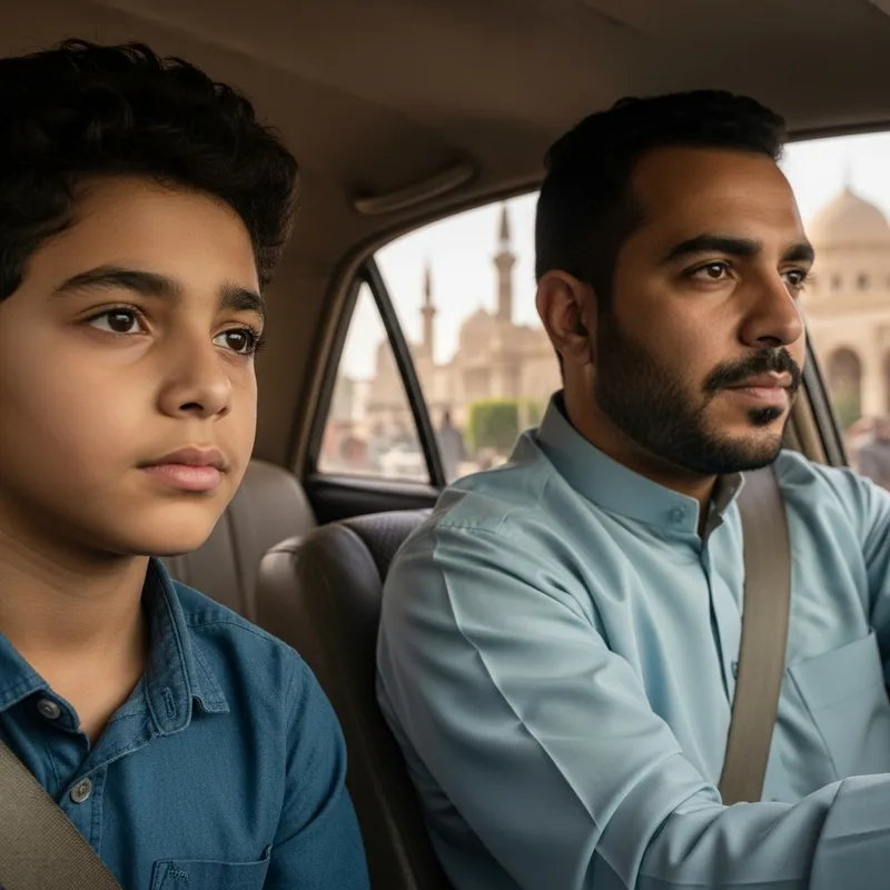 Father and Son Silent Drive Through Egypt: Dramatic Lighting