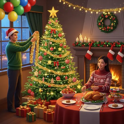 Traditional New Year's Celebration with Christmas Tree and Festive Decorations