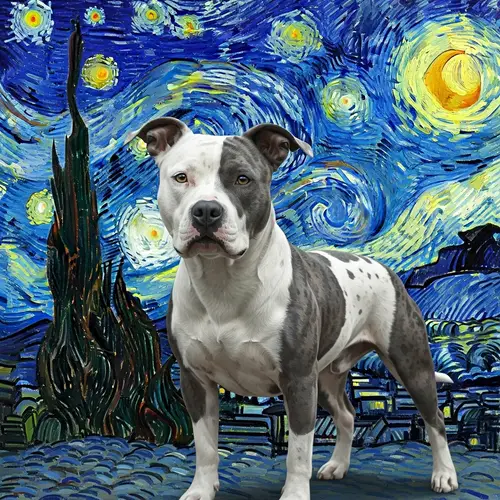 Starry Night with Pitbull Dog in Van Gogh Style
