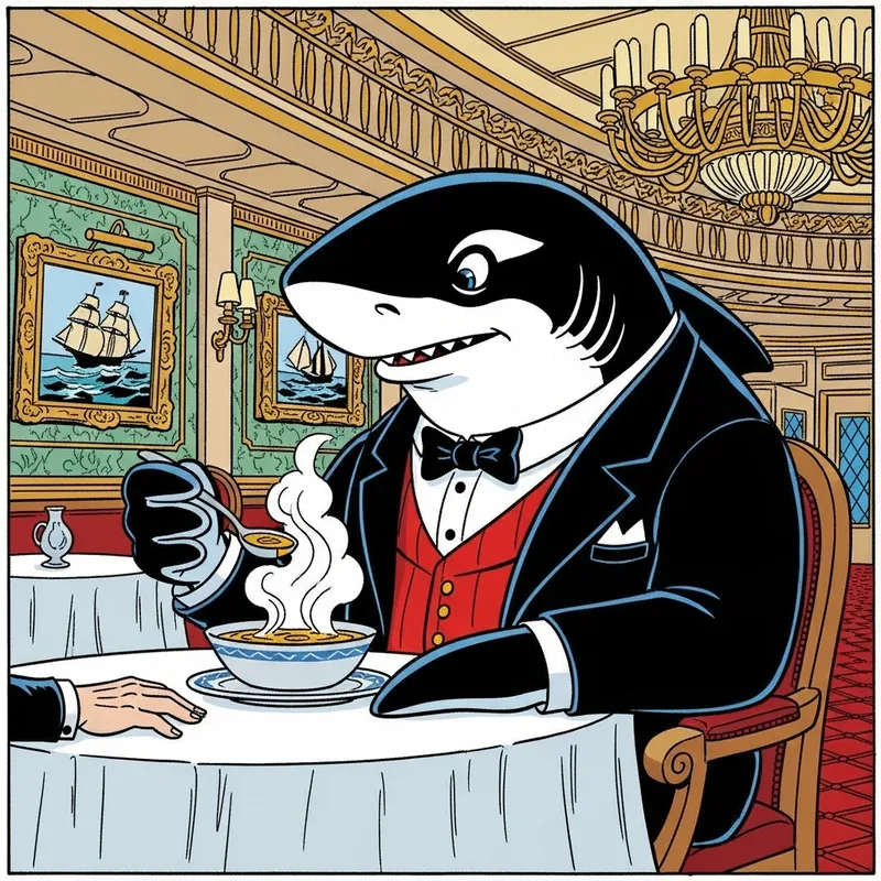 Shark in Restaurant Eating Soup with Human Hand - Garfield Cartoon Style