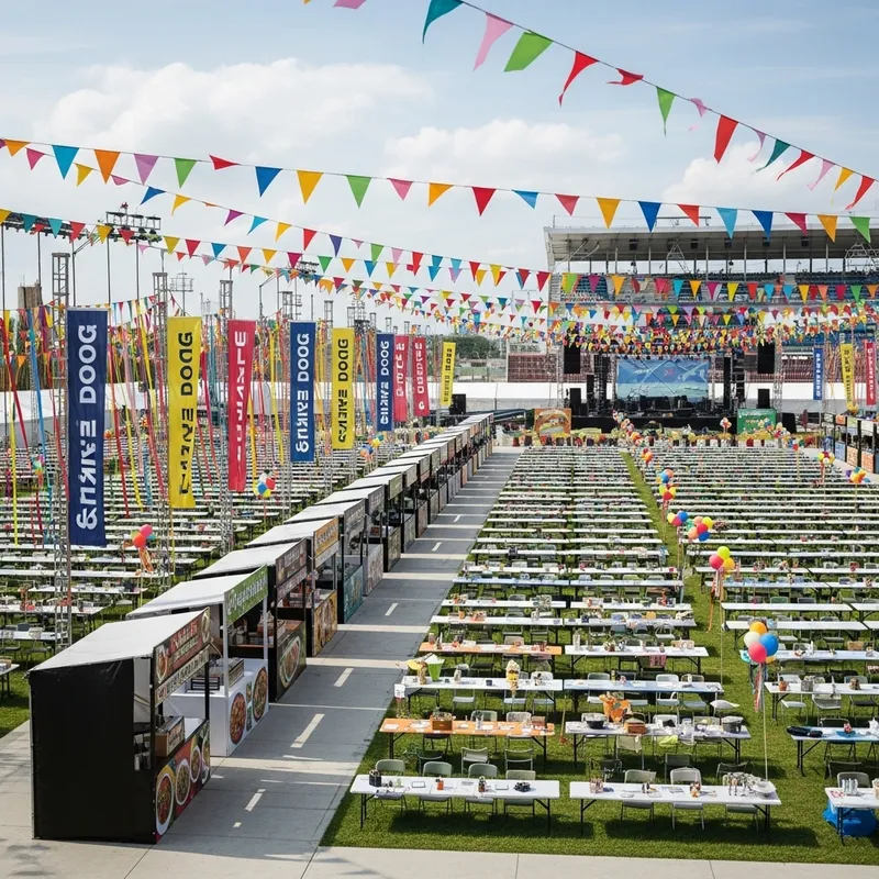 Vibrant Open-Air Music Festival Decor with Seating & 12 Food Stalls