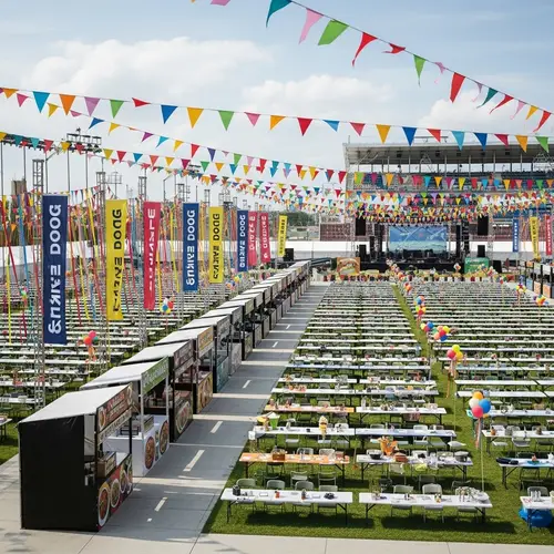 Colorful Open-Air Music Festival Setup with Seating & Food Stalls