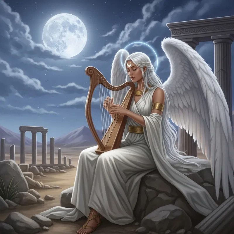 Serenity of a Greek Style Harpist with Angelic Wings