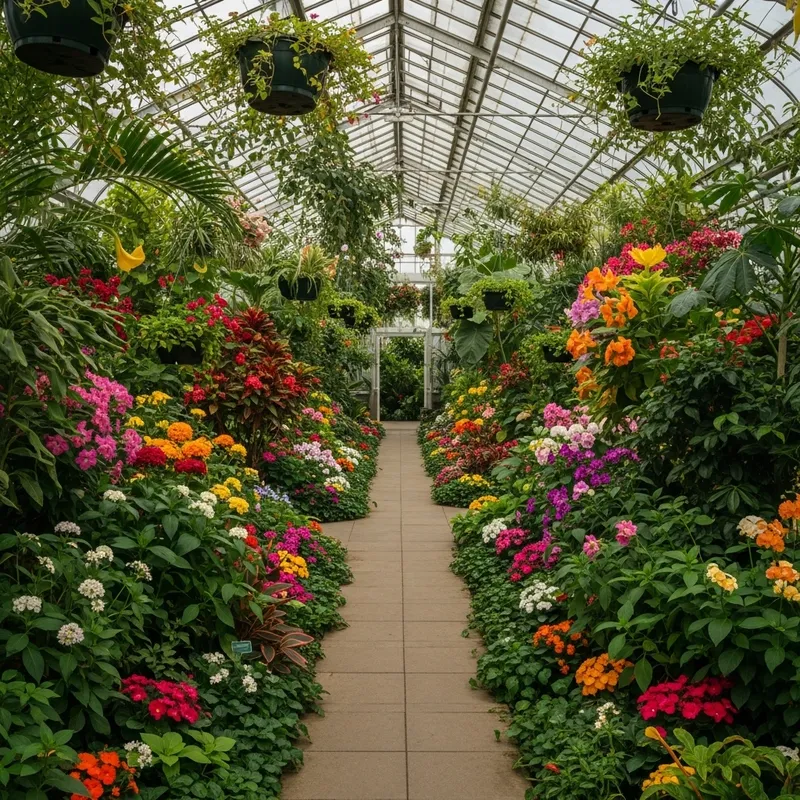 Botanical Paradise: Lush Greenhouse with Exotic Plants and Flowers