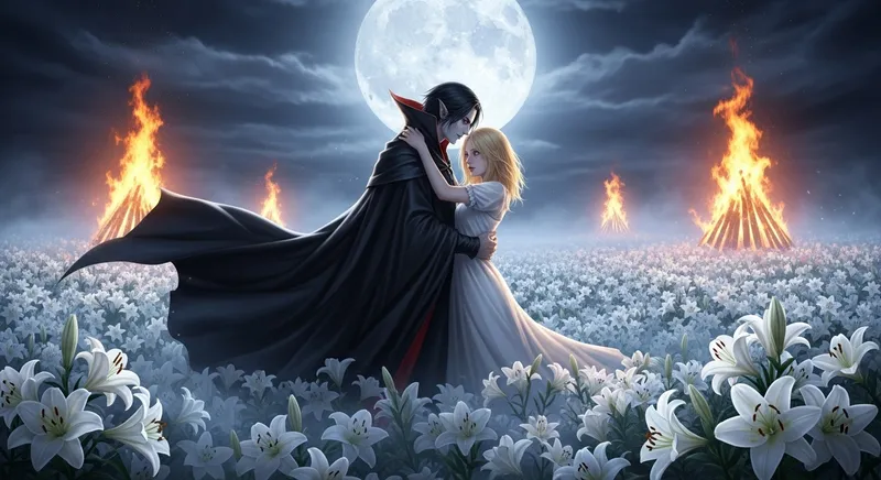 Enchanting Night Scene: Male Vampire Embraces Blonde Girl in Lilies Field