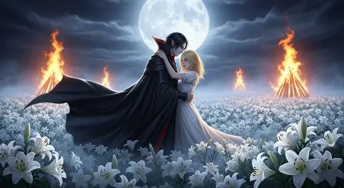 Supernatural Scene: Male Vampire Embracing Blonde Girl in Field of Lilies