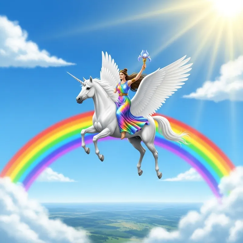 Iris Goddess of Rainbows on Unicorn - Majestic Rainbow Flight