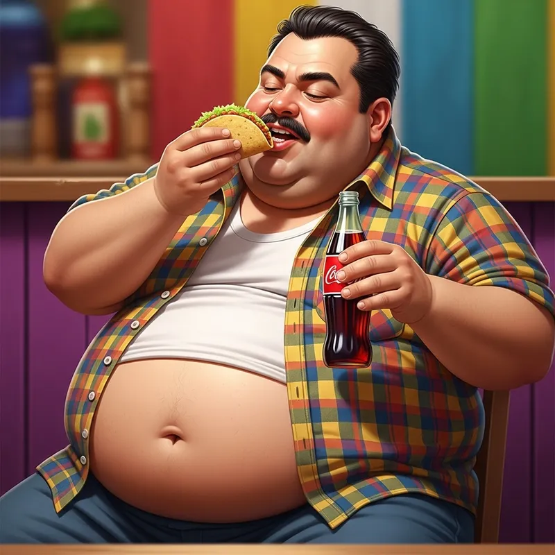 Exaggerated Obese Mexican Man Devouring Taco and Holding Coke