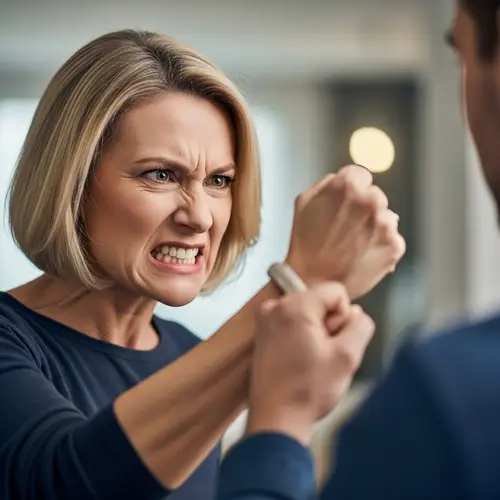 Middle-Aged Woman with Short Blonde Bob Hairstyle Expressing Anger