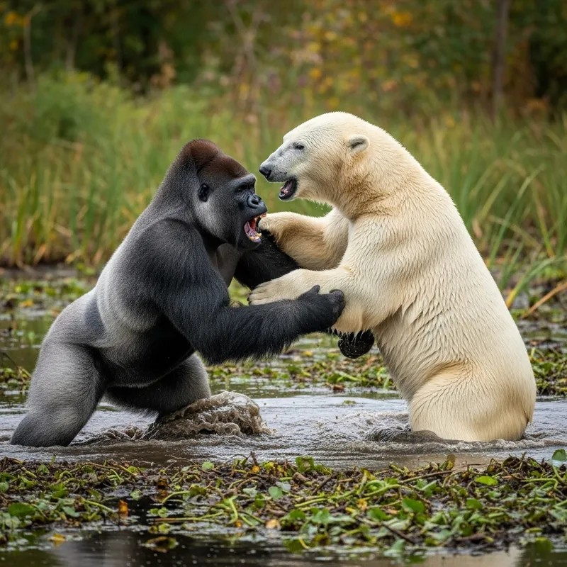 Intense Gorilla and Polar Bear Wrestling Display in Swamp