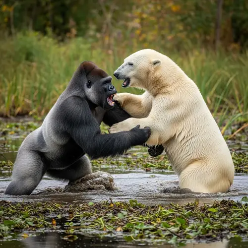 Intense Gorilla vs Polar Bear Wrestling Match in Swamp