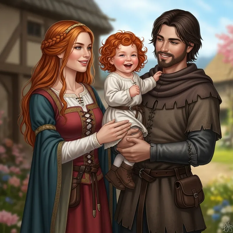 Medieval Family Portrait: Redheaded Mother, Brunette Father, and Toddler Daughter in Medieval Attire