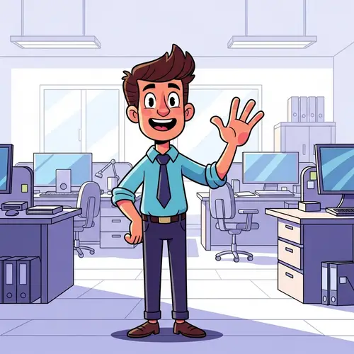 Welcoming Cartoon Character in Office Setting