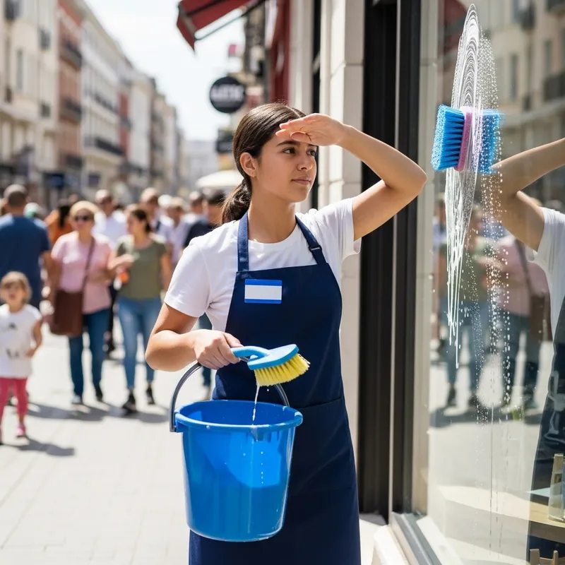 Hispanic Teenage Girl Cleaning Shop Window | Street Scene