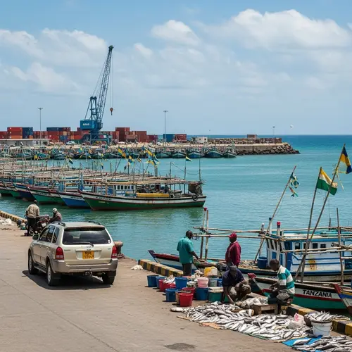Tanzanian Harbor Scene with Colorful Boats and Trade Activity