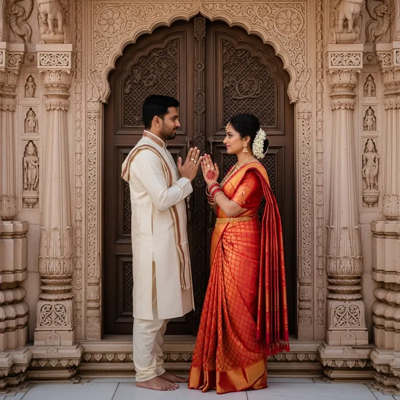Traditional Indian Couple at Vrindavan Temple | Kurta & Saree