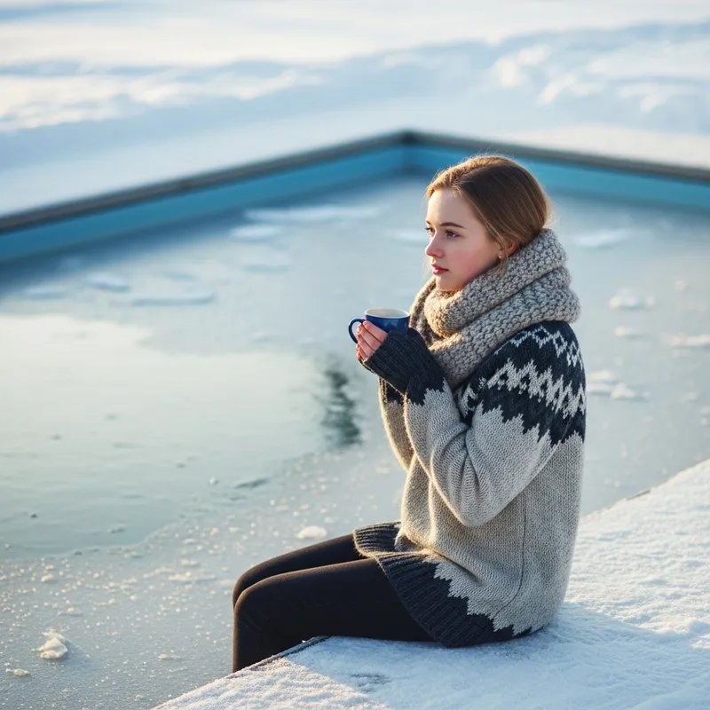 Scandinavian Girl Enjoying Warm Drink by Frozen Pool