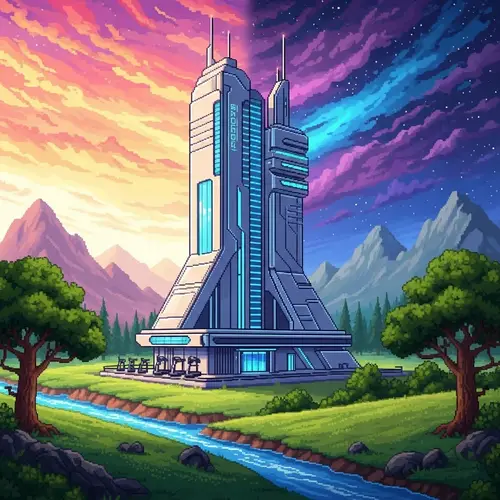Futuristic Gym Building in Majestic Landscape | Retro Pixel Art