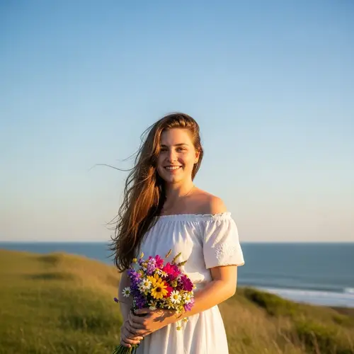 Beautiful Caucasian Woman in Off-Shoulder White Dress on Grassy Hill