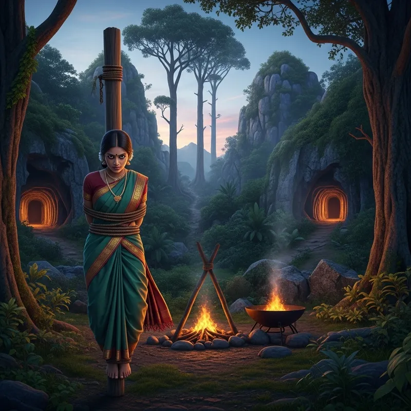 South Asian Girl in Saree Tied to Pole in Prehistoric Era