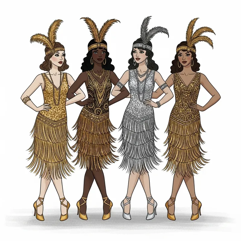 Dynamic 1920s Dance Ensemble Sketch with Four Female Dancers