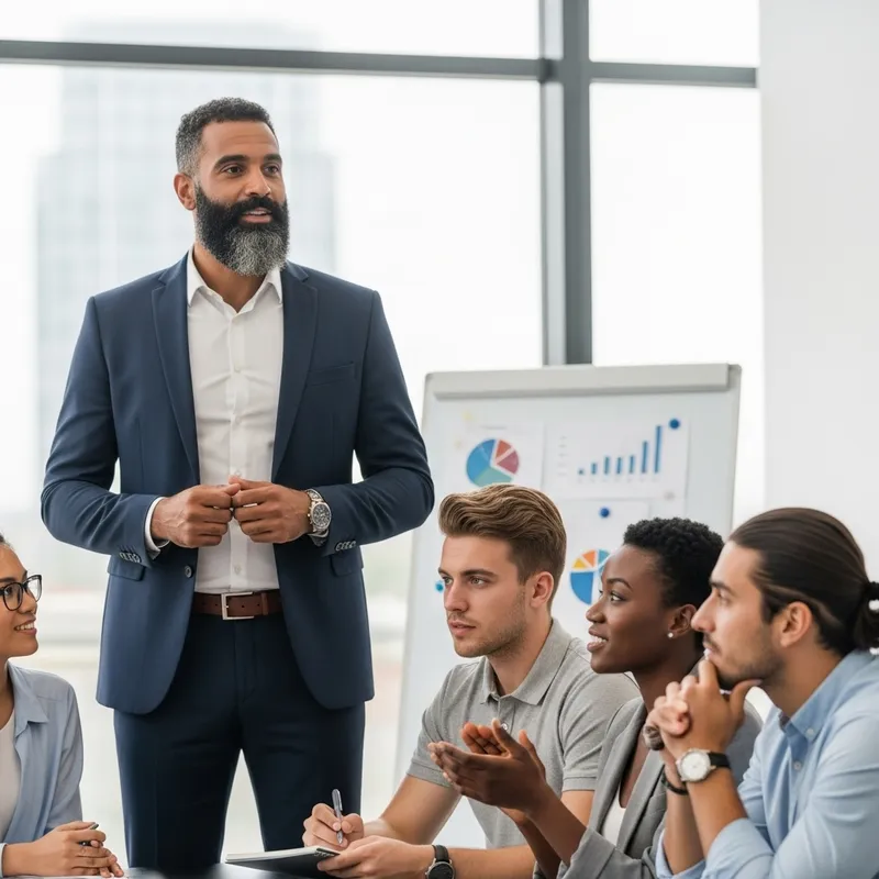 Confident Leader Addressing Diverse Team | Professional Setting Confident Leader Addressing Diverse Team | Professional Setting